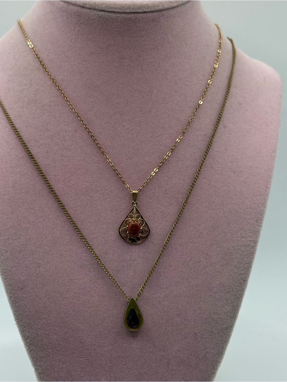 Set of two Avon Gold-Tone Teardrop Pendant Necklace with Orange Stone